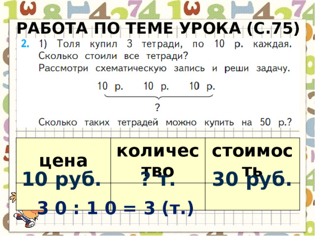 Работа по теме урока (с.75) цена количество стоимость 10 руб. ? т. 30 руб. 3 0 : 1 0 = 3 (т.) 