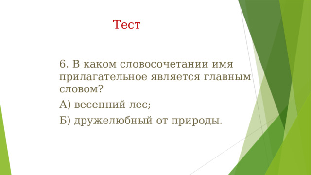 Тест   6. В каком словосочетании имя прилагательное является главным словом? А) весенний лес; Б) дружелюбный от природы. 