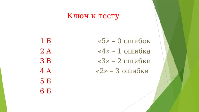  Ключ к тесту  1 Б «5» – 0 ошибок  2 А «4» – 1 ошибка  3 В «3» – 2 ошибки  4 А «2» – 3 ошибки  5 Б  6 Б 