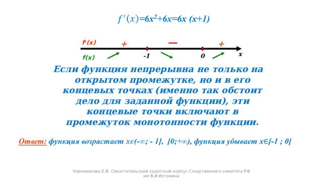 f ! (х) + + х 0 -1 f (х) Если функция непрерывна не только на открытом промежутке, но и в его концевых точках (именно так обстоит дело для заданной функции), эти концевые точки включают в промежуток монотонности функции. Черноволова Е.В. Севастопольский кадетский корпус Следственного комитета РФ им В.И.Истомина 