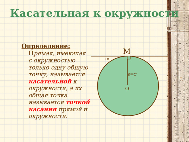 Касательная к окружности Определение:  П рямая, имеющая с окружностью только одну общую точку, называется касательной к окружности, а их общая точка называется точкой касания прямой и окружности.  M m s = r O 