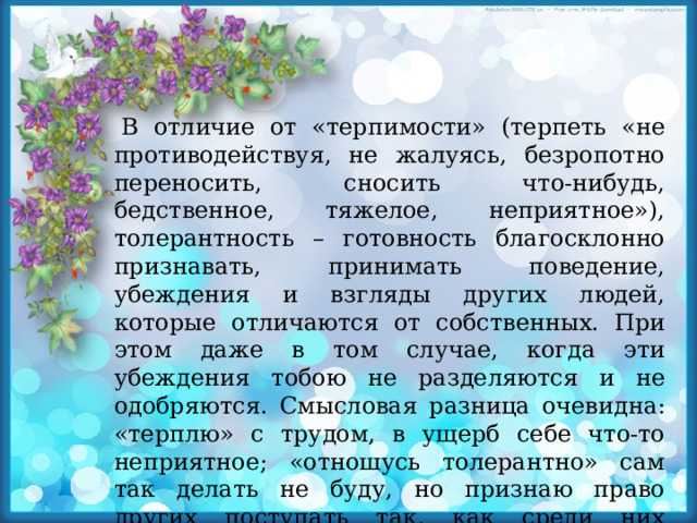   В отличие от «терпимости» (терпеть «не противодействуя, не жалуясь, безропотно переносить, сносить что-нибудь, бедственное, тяжелое, неприятное»), толерантность – готовность благосклонно признавать, принимать поведение, убеждения и взгляды других людей, которые отличаются от собственных. При этом даже в том случае, когда эти убеждения тобою не разделяются и не одобряются. Смысловая разница очевидна: «терплю» с трудом, в ущерб себе что-то неприятное; «отношусь толерантно» сам так делать не буду, но признаю право других поступать так, как среди них принято, понимаю их традиции, их культуру и т. п.  