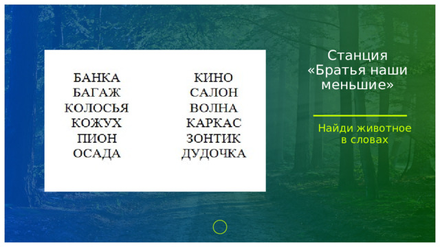 Станция «Братья наши меньшие» Найди животное в словах 1 