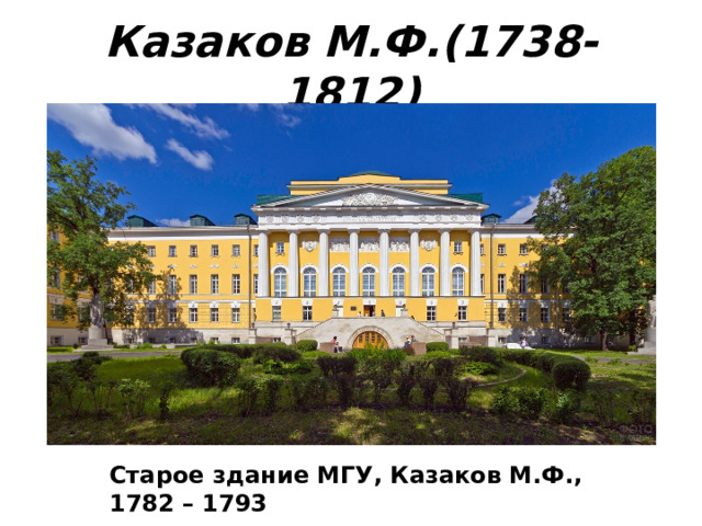 Казаков М.Ф.(1738-1812) Старое здание МГУ, Казаков М.Ф., 1782 – 1793 