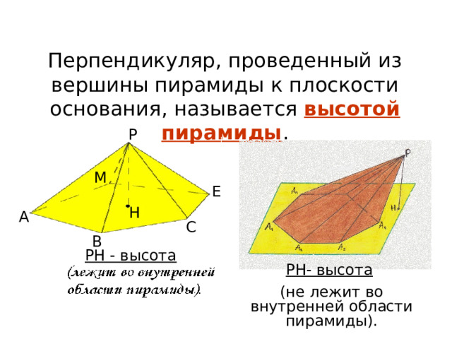Перпендикуляр, проведенный из вершины пирамиды к плоскости основания, называется  высотой пирамиды . Р М Е Н А С В РН - высота РН- высота  (не лежит во внутренней области пирамиды). 