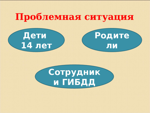  Проблемная ситуация            Дети 14 лет Родители Сотрудники ГИБДД 