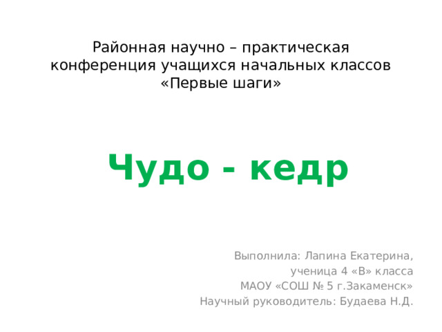Районная научно – практическая конференция учащихся начальных классов «Первые шаги» Чудо - кедр Выполнила: Лапина Екатерина, ученица 4 «В» класса МАОУ «СОШ № 5 г.Закаменск» Научный руководитель: Будаева Н.Д. 
