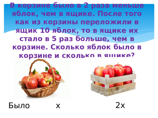 В корзине было в 2 раза меньше яблок, чем в ящике. После того как из корзины переложили в ящик 10 яблок, то в ящике их стало в 5 раз больше, чем в корзине. Сколько яблок было в корзине и сколько в ящике? 2х х Было 