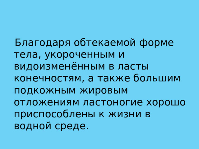   Благодаря обтекаемой форме тела, укороченным и видоизменённым в ласты конечностям, а также большим подкожным жировым отложениям ластоногие хорошо приспособлены к жизни в водной среде. 