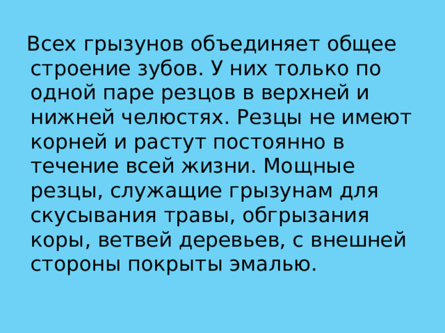 Всех грызунов объединяет общее строение зубов. У них только по одной паре резцов в верхней и нижней челюстях. Резцы не имеют корней и растут постоянно в течение всей жизни. Мощные резцы, служащие грызунам для скусывания травы, обгрызания коры, ветвей деревьев, с внешней стороны покрыты эмалью. 