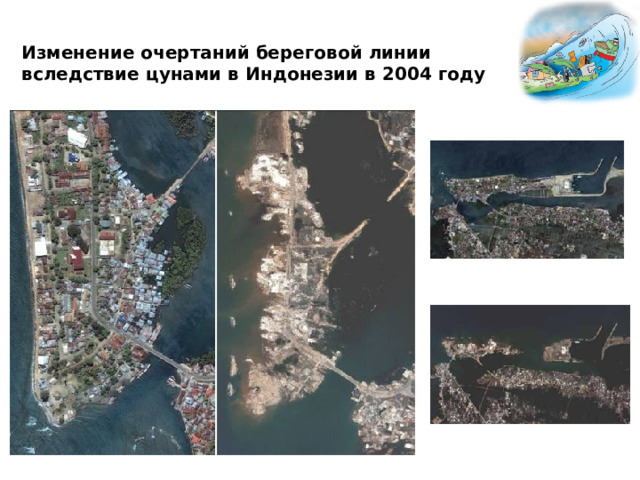 Изменение очертаний береговой линии  вследствие цунами в Индонезии в 2004 году 