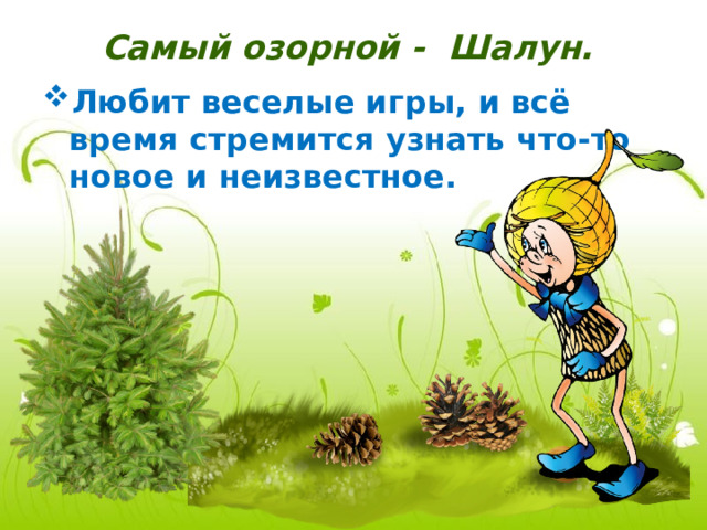 Самый озорной -  Шалун.    Любит веселые игры, и всё время стремится узнать что-то новое и неизвестное. 