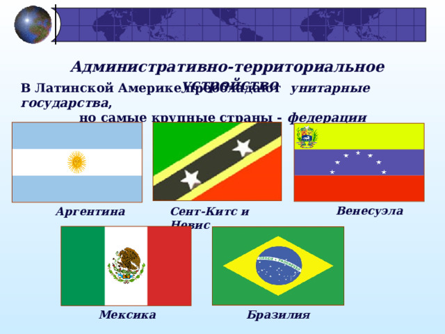 Административно-территориальное устройство В Латинской Америке преобладают унитарные государства , но самые крупные страны - федерации Венесуэла Аргентина Сент-Китс и Невис Мексика Бразилия 