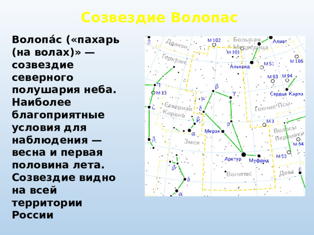 Созвездие Волопас Волопа́с («пахарь (на волах)» — созвездие северного полушария неба. Наиболее благоприятные условия для наблюдения — весна и первая половина лета. Созвездие видно на всей территории России 