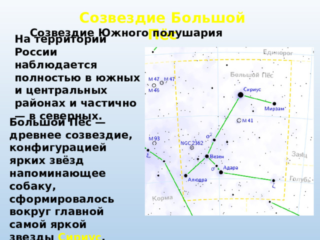 Созвездие Большой Пёс Созвездие Южного полушария На территории России наблюдается полностью в южных и центральных районах и частично — в северных. Большой Пёс — древнее созвездие, конфигурацией ярких звёзд напоминающее собаку, сформировалось вокруг главной самой яркой звезды  Сириус . 
