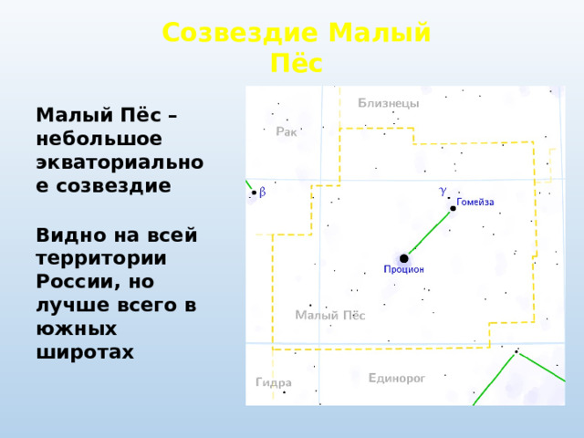 Созвездие Малый Пёс Малый Пёс – небольшое экваториальное созвездие Видно на всей территории России, но лучше всего в южных широтах 