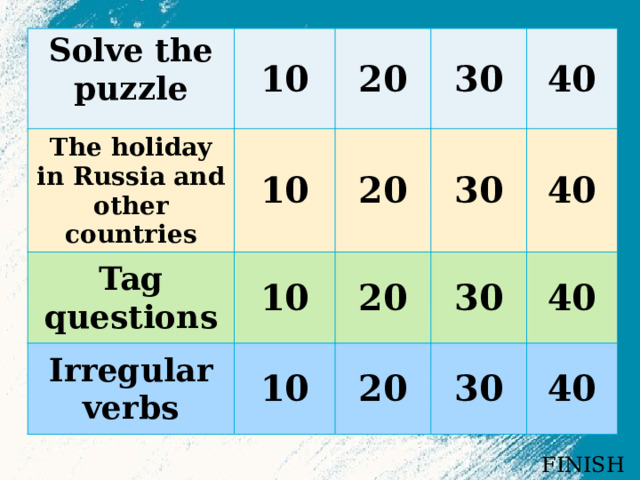 Solve the puzzle The holiday in Russia and other countries  10 Tag questions 10 20 Irregular verbs 20 30 10 40 30 20 10 20 40 30 40 30 40 FINISH 