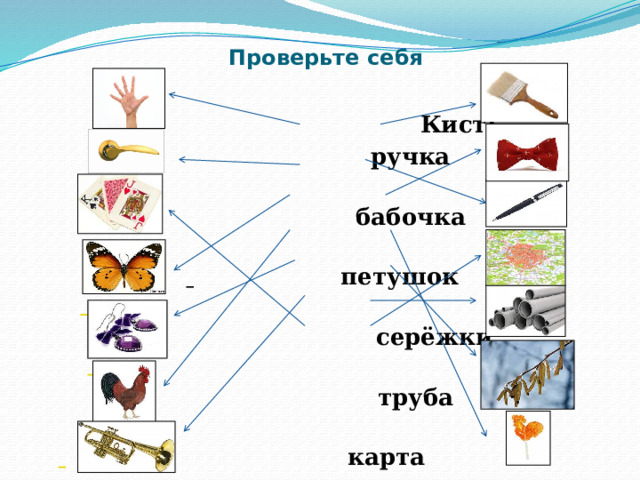 Проверьте себя   Кисть    ручка   бабочка      петушок     серёжки     труба       карта 