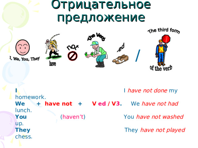 Отрицательное предложение / I I have not done  my homework . We + have not + V ed / V 3 . We have not  had  lunch. You ( haven’t ) You have not  washed up. They They have not  played chess. 