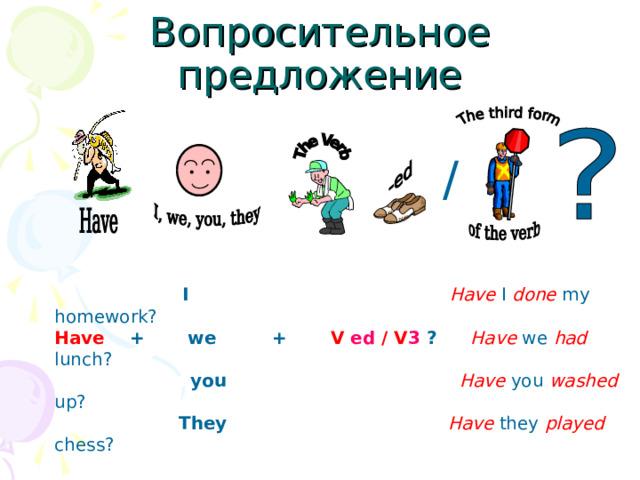 Вопросительное предложение /   I  Have I done  my homework? Have + we + V ed / V 3 ?  Have we had lunch?  you  Have you washed up?  They  Have they played chess? 