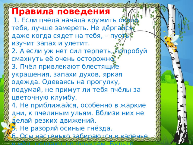 Правила поведения   1. Если пчела начала кружить около тебя, лучше замереть. Не дёргайся, даже когда сядет на тебя, – пусть изучит запах и улетит.  2. А если уж нет сил терпеть, попробуй смахнуть её очень осторожно.  3. Пчёл привлекают блестящие украшения, запахи духов, яркая одежда. Одеваясь на прогулку, подумай, не примут ли тебя пчёлы за цветочную клумбу.  4. Не приближайся, особенно в жаркие дни, к пчелиным ульям. Вблизи них не делай резких движений.  5. Не разоряй осиные гнёзда.  6. Осы частенько забираются в варенье, в мёд, ползают по фруктам. Будьте осторожнее, когда едите или пьёте.   