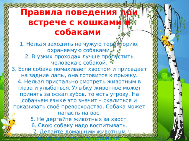 Правила поведения при встрече с кошками и собаками   1. Нельзя заходить на чужую территорию, охраняемую собаками.  2. В узких проходах лучше пропустить человека с собакой.  3. Если собака помахивает хвостом и приседает на задние лапы, она готовится к прыжку.  4. Нельзя пристально смотреть животным в глаза и улыбаться. Улыбку животное может принять за оскал зубов, то есть угрозу. На собачьем языке это значит – скалиться и показывать своё превосходство. Собака может напасть на вас.  5. Не дергайте животных за хвост.  6. Свою собаку надо воспитывать.  7. Делайте домашним животным профилактические прививки.    