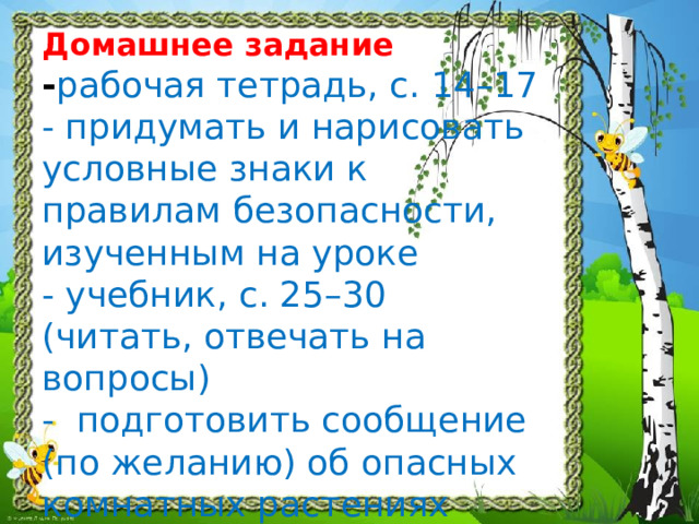 Домашнее задание  - рабочая тетрадь, с. 14–17  - придумать и нарисовать условные знаки к правилам безопасности, изученным на уроке  - учебник, с. 25–30 (читать, отвечать на вопросы)  - подготовить сообщение (по желанию) об опасных комнатных растениях 