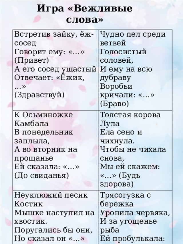 Игра «Вежливые слова» Встретив зайку, ёж-сосед Чудно пел среди ветвей Говорит ему: «…» К Осьминожке Камбала Неуклюжий песик Костик В понедельник заплыла, Голосистый соловей, (Привет) Толстая корова Лула Ела сено и чихнула. И ему на всю дубраву Мышке наступил на хвостик. Трясогузка с бережка А во вторник на прощанье А его сосед ушастый Поругались бы они, Уронила червяка, Ей сказала: «…» Чтобы не чихала снова, Воробьи кричали: «…» Отвечает: «Ёжик, …» Мы ей скажем: «…» (Будь здорова) (До свиданья) (Браво) Но сказал он «…» (Здравствуй) И за угощенье рыба (Извини) Ей пробулькала: «…» (Спасибо) 