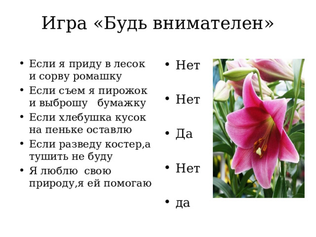 Игра «Будь внимателен» Если я приду в лесок и сорву ромашку Если съем я пирожок и выброшу бумажку Если хлебушка кусок на пеньке оставлю Если разведу костер,а тушить не буду Я люблю свою природу,я ей помогаю Нет Нет Да Нет да 