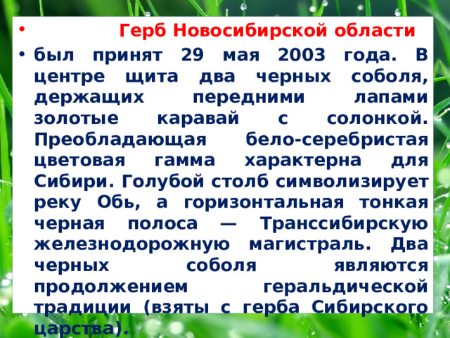  Герб Новосибирской области был принят 29 мая 2003 года. В центре щита два черных соболя, держащих передними лапами золотые каравай с солонкой. Преобладающая бело-серебристая цветовая гамма характерна для Сибири. Голубой столб символизирует реку Обь, а горизонтальная тонкая черная полоса — Транссибирскую железнодорожную магистраль. Два черных соболя являются продолжением геральдической традиции (взяты с герба Сибирского царства). 