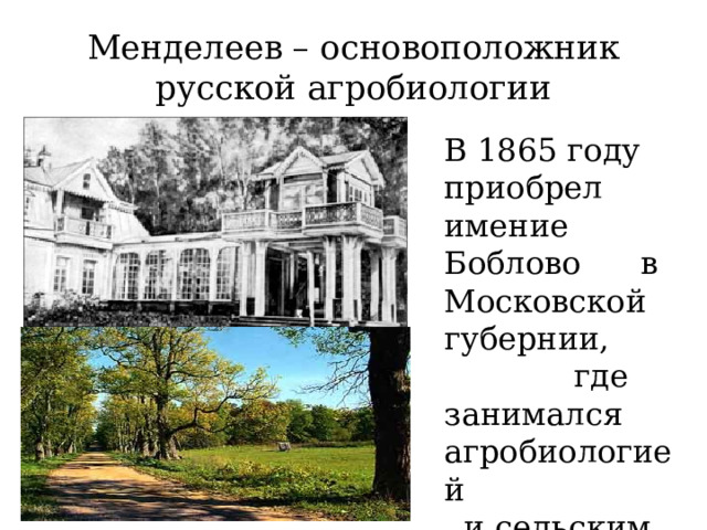 Менделеев – основоположник русской агробиологии В 1865 году приобрел имение Боблово в Московской губернии, где занимался агробиологией и сельским хозяйством. 
