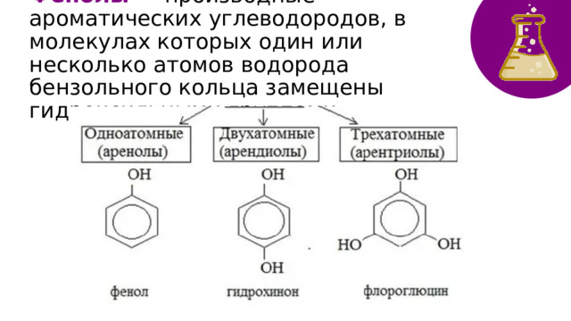 Фенолы  — производные ароматических углеводородов, в молекулах которых один или несколько атомов водорода бензольного кольца замещены гидроксильными группами   