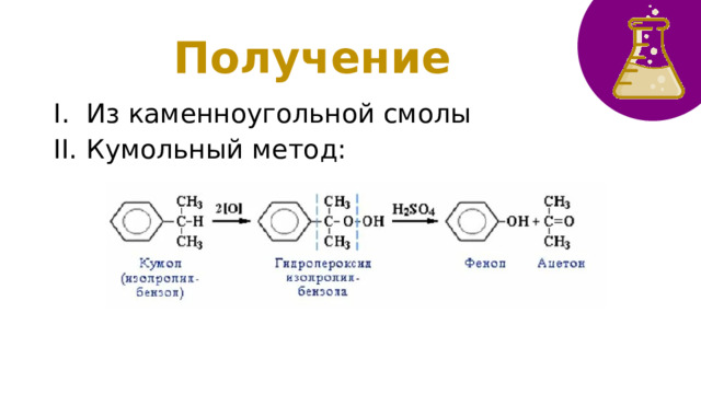 Получение Из каменноугольной смолы Кумольный метод: 