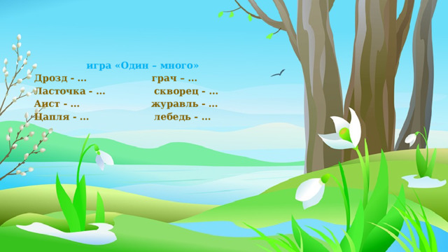 игра «Один – много» Дрозд - … грач – … Ласточка - … скворец - … Аист - … журавль - … Цапля - … лебедь - … Я буду называть птиц, если они улетали – вы машете руками, если не улетали – приседаете. Птицы: грачи, кукушки, воробьи, журавли, галки, вороны, аисты, синички, ласточки, голуби, дикие гуси, лебеди, цапли, сороки, дрозды, скворцы, медведи.  