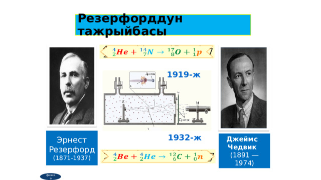 Резерфорддун тажрыйбасы   1919-ж Эрнест Резерфорд (1871-1937) 1932-ж Джеймс  Чедвик   (1891 ― 1974)   физика  