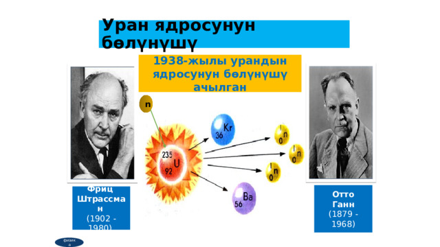 Уран ядросунун бөлүнүшү 1938-жылы урандын ядросунун бөлүнүшү ачылган n Отто   Ганн   (1879 -1968) Фриц  Штрассман   (1902 - 1980)  физика  