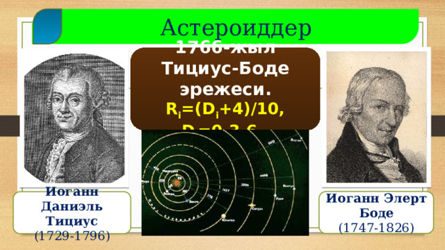  Астероиддер 1766-жыл Тициус-Боде эрежеси. R i =(D i +4)/10, D i =0,3,6.. Иоганн Элерт Боде (1747-1826) Иоганн Даниэль Тициус (1729-1796)  