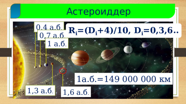  Астероиддер 0,4 а.б . R i =(D i +4)/10, D i =0,3,6.. 0,7 а.б . 1 а.б . 1а.б.=149 000 000 км 1,3 а.б . 1,6 а.б .  