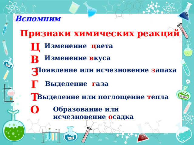 Вспомним Признаки химических реакций  Ц В З  Г Т О Изменение ц вета Изменение в куса Появление или исчезновение з апаха Выделение г аза Выделение или поглощение т епла Образование или исчезновение о садка 