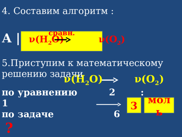 4. Составим алгоритм :  А |  ν(Н 2 О) ν(О 2 ) 5.Приступим к математическому решению задачи      сравн.  ν(Н 2 О) ν(О 2 ) по уравнению   2 : 1 по задаче  6 ?  Ответ | ν(О 2 )=3 моль  3 моль 