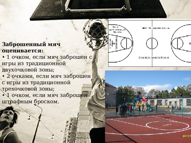 Заброшенный мяч оценивается:  • 1 очком, если мяч заброшен с игры из традиционной двухочковой зоны;  • 2 очками, если мяч заброшен с игры из традиционной трехочковой зоны;  • 1 очком, если мяч заброшен штрафным броском.   