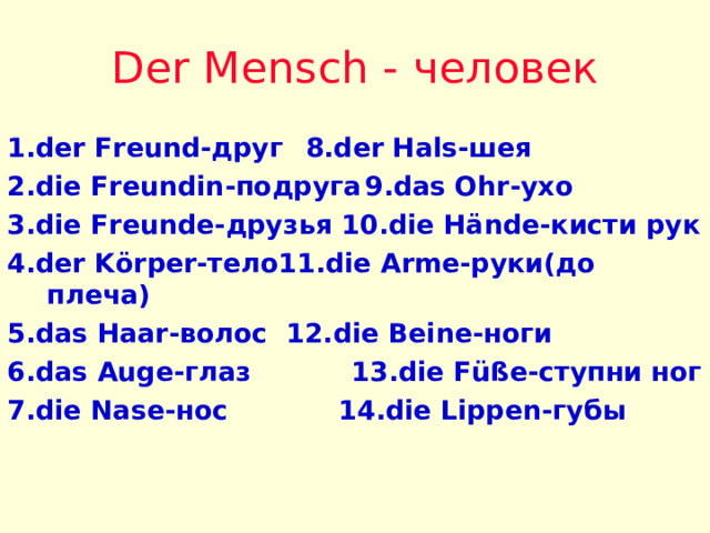 Der Mensch - человек 1.der Freund -друг   8.der Hals -шея 2.die Freundin -подруга  9.das Ohr -ухо  3.die Freunde -друзья 10.die Hände- кисти рук 4.der Körper -тело 11.die Arme- руки(до плеча) 5.das Haar -волос 12.die Beine- ноги 6.das Auge -глаз   13.die Füße- ступни ног 7.die Nase -нос 14.die Lippen- губы 