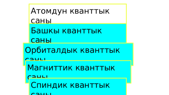 Атомдун кванттык саны Башкы кванттык саны Орбиталдык кванттык саны Магниттик кванттык саны Спиндик кванттык саны 