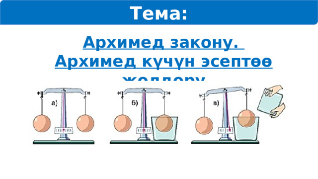 Тема: Архимед закону. Архимед күчүн эсептөө жолдору 