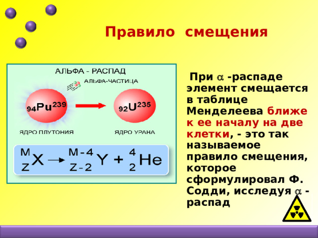  Правило смещения  При  -распаде элемент смещается в таблице Менделеева ближе к ее началу на две клетки , - это так называемое правило смещения, которое сформулировал Ф. Содди, исследуя  -распад 