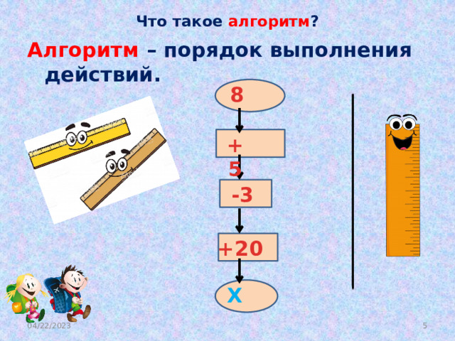 Что такое алгоритм ? Алгоритм – порядок выполнения действий. 8 +5 -3 +20 Х  04/22/2023 