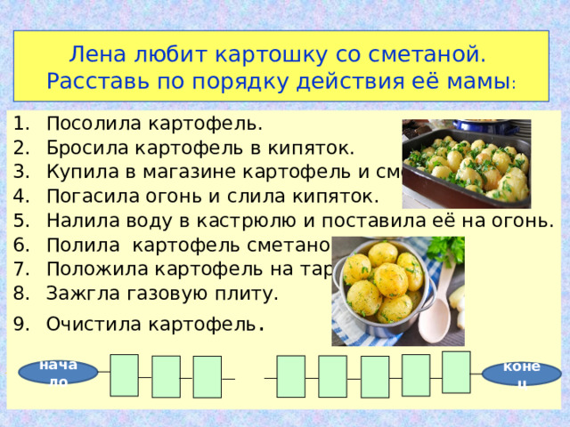 Лена любит картошку со сметаной.  Расставь по порядку действия её мамы : Посолила картофель. Бросила картофель в кипяток. Купила в магазине картофель и сметану. Погасила огонь и слила кипяток. Налила воду в кастрюлю и поставила её на огонь. Полила картофель сметаной. Положила картофель на тарелку. Зажгла газовую плиту. Очистила картофель . начало конец 