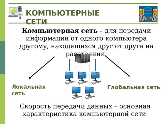 КОМПЬЮТЕРНЫЕ СЕТИ Компьютерная сеть – для передачи информации от одного компьютера другому, находящихся друг от друга на расстоянии. Локальная сеть Глобальная сеть Скорость передачи данных – основная характеристика компьютерной сети . 