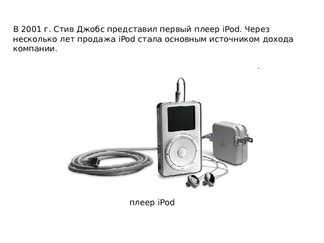 В 2001 г. Стив Джобс представил первый плеер iPod. Через несколько лет продажа iPod стала основным источником дохода компании. плеер iPod 