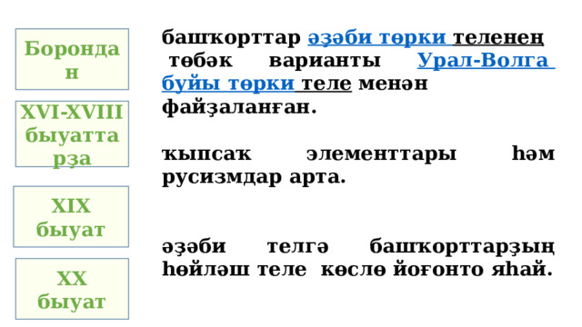 башҡорттар  әҙәби  төрки  теленең  төбәк варианты Урал-Волга буйы  төрки теле   менән файҙаланған. ҡыпсаҡ элементтары һәм русизмдар арта.   әҙәби телгә башҡорттарҙың һөйләш теле көслө йоғонто яһай.   хәҙерге әҙәби башҡорт теле формалаша. Борондан XVI-XVIII быуаттарҙа XIX быуат XX быуат 